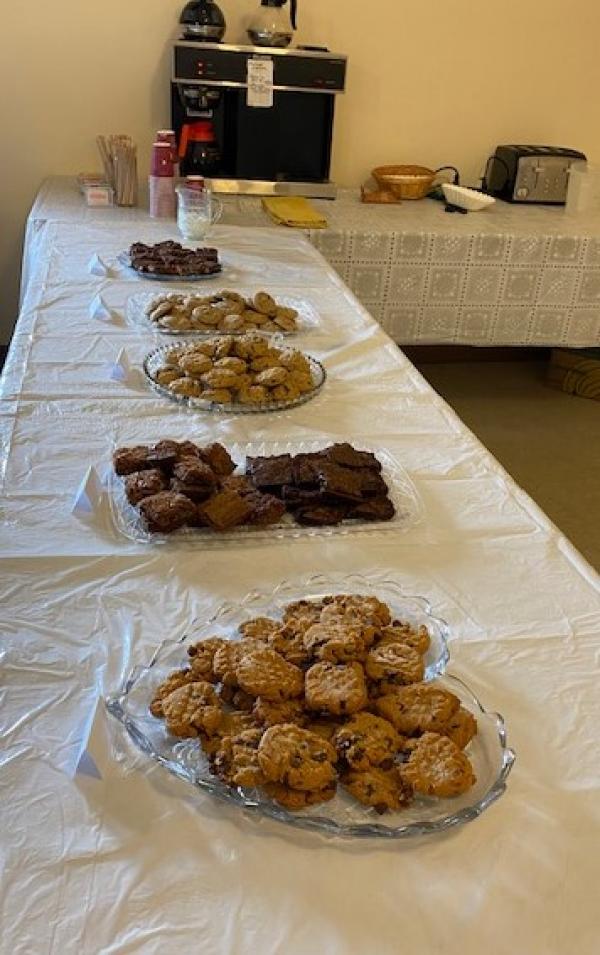 Everyone enjoyed the many desserts, including oatmeal craisin cookies, two varieties of brownies, chocolate chip cookies, and coconut bars. Even ginger snaps (not shown) were available.